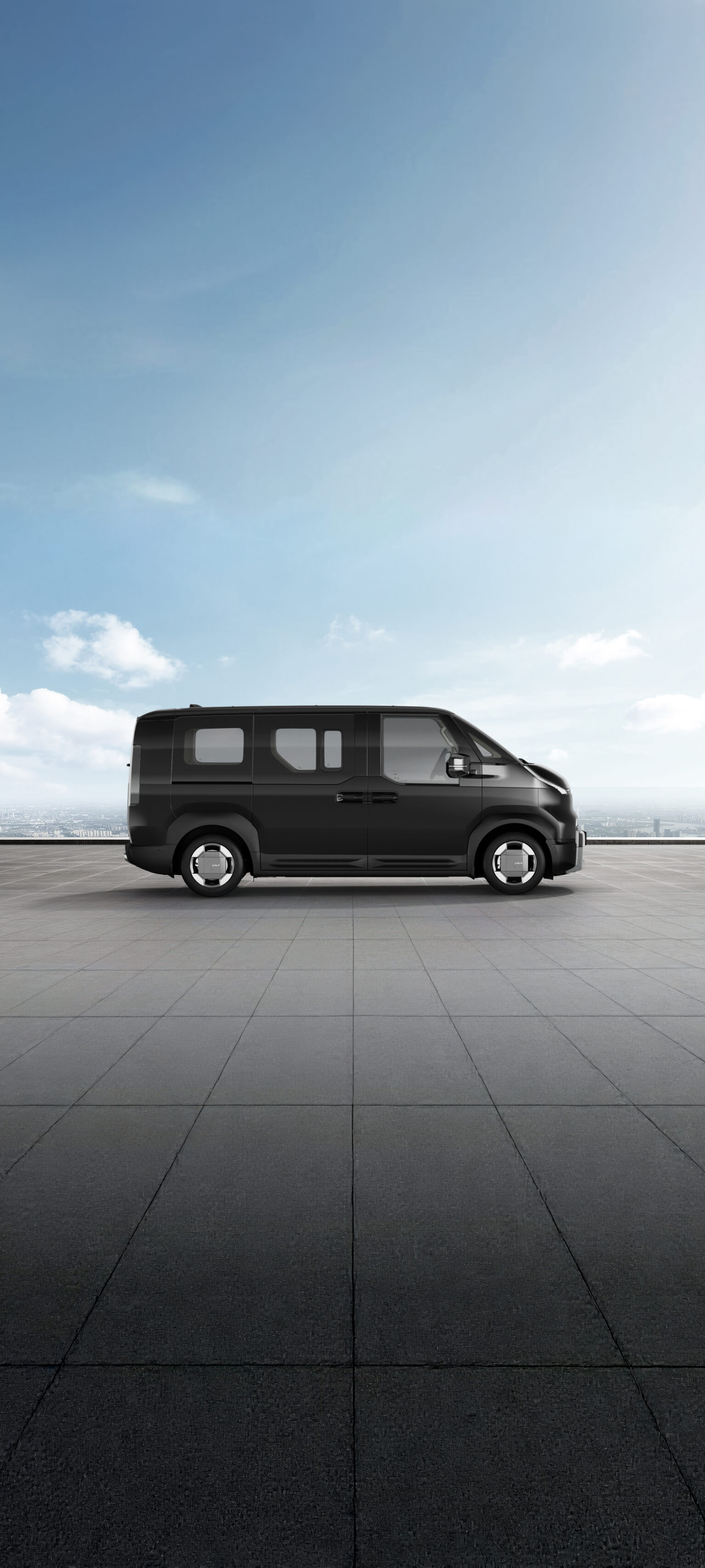 Side view of the Kia PV5 Passenger in aurora black pearl shown on exterior color visualizer