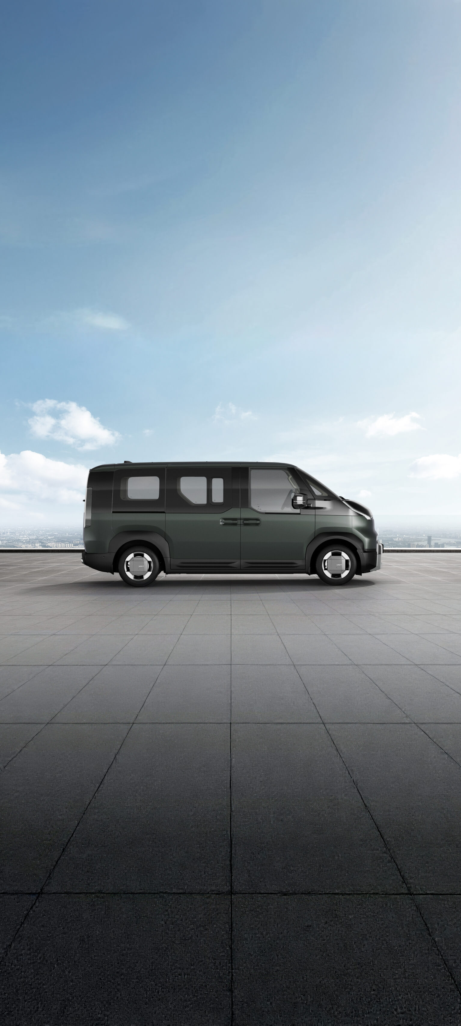Side view of the Kia PV5 Passenger in cityscape green shown on exterior color visualizer