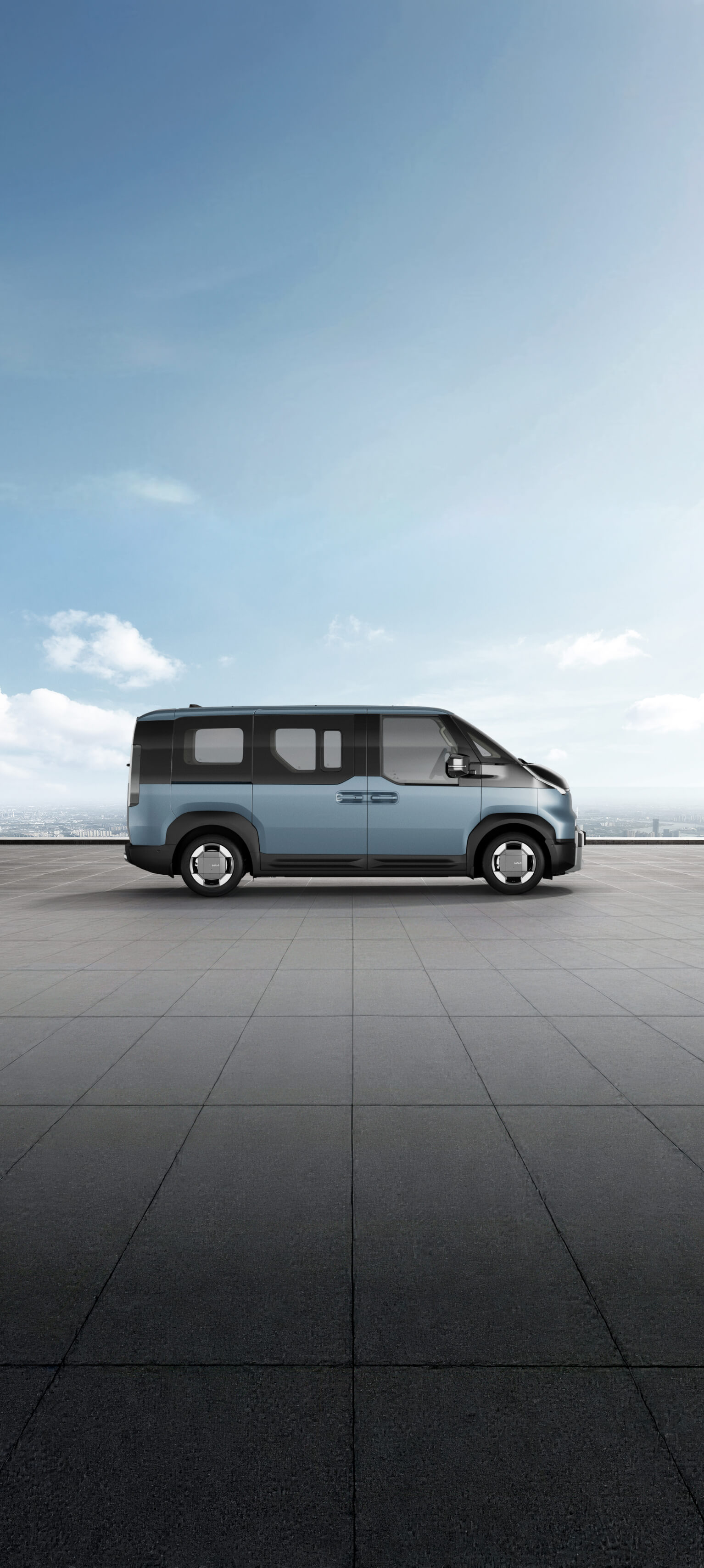 Seitenansicht des Kia PV5 Passenger in Frostblau auf dem Farbvisualisierer für den Außenbereich