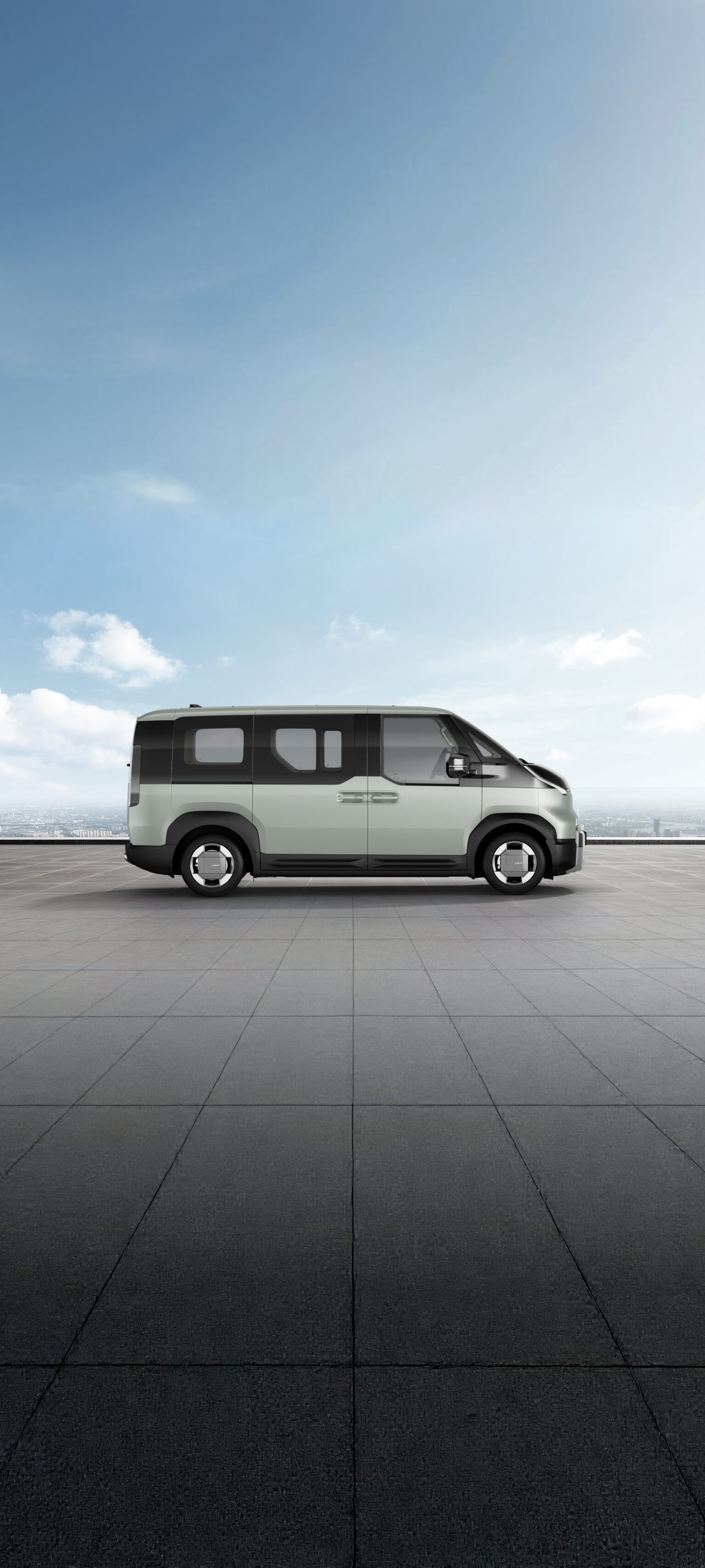 Side view of the Kia PV5 Passenger in soft mint shown on exterior color visualizer