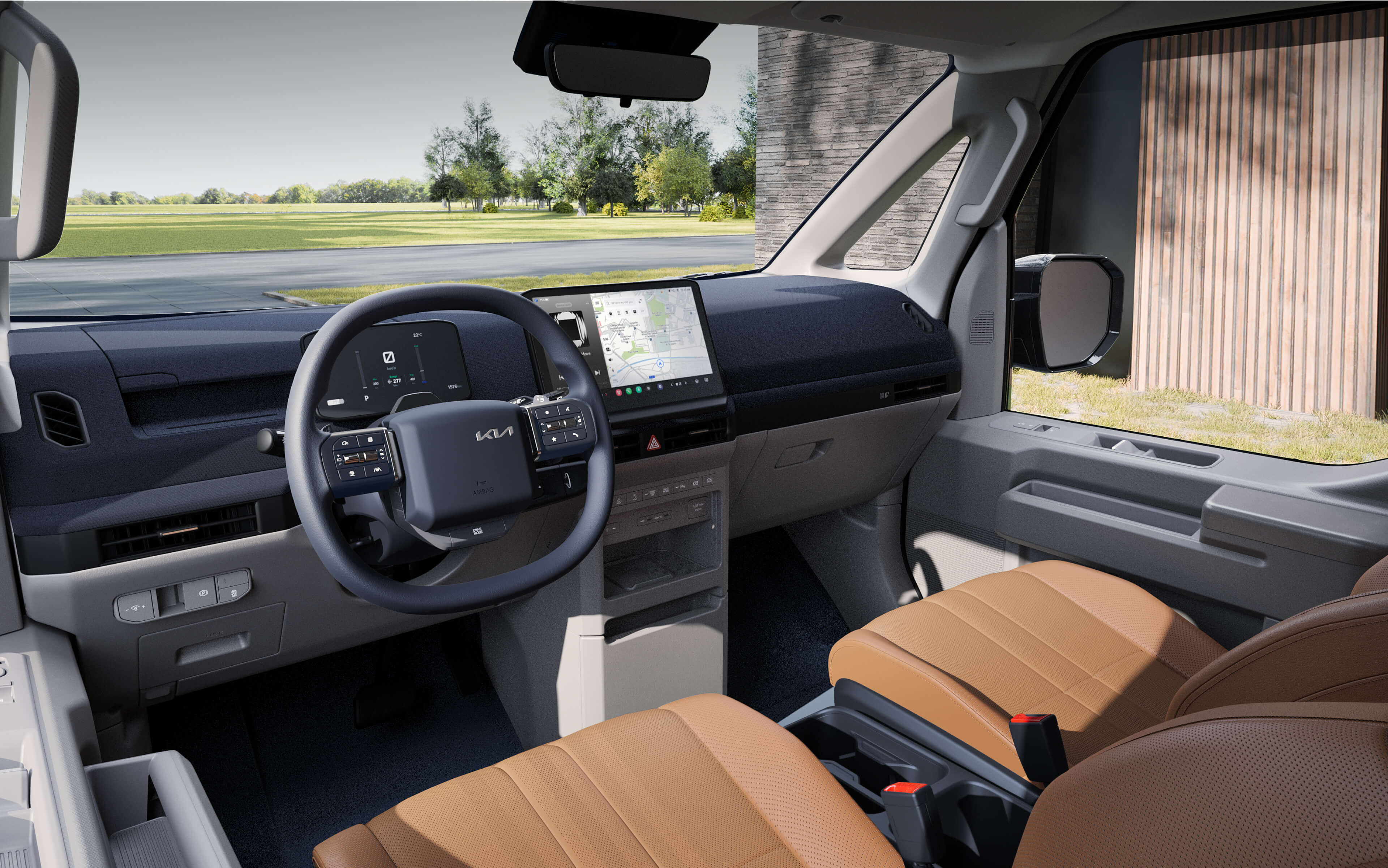 Fahrerseitiger Innenraum des Kia PV5 Passenger mit USB-C-Schnellladeanschlüssen und klimatisierten Sitzen mit Heiz- und Kühloptionen